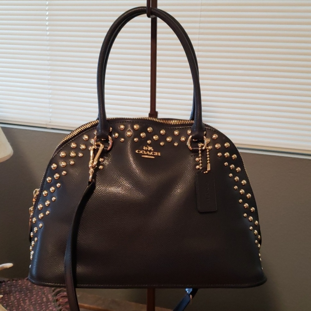 Coach Cora Studded Satchel Dark Blue Gold Hardware